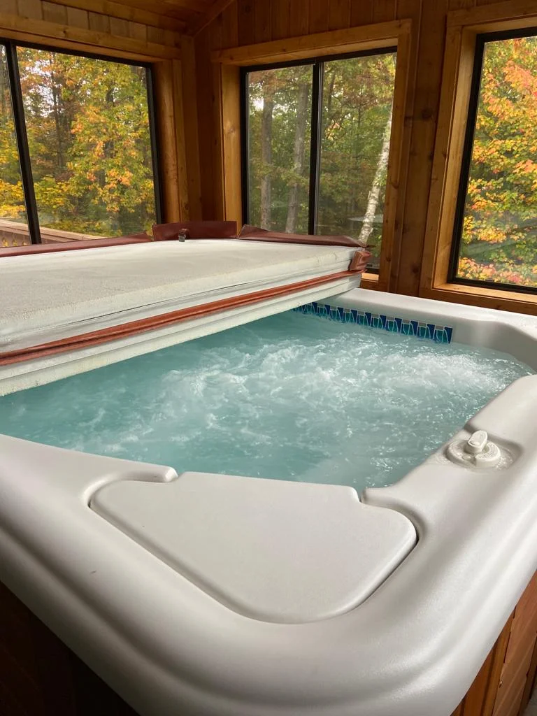 The enclosed indoor hot tub with forest views through the windows