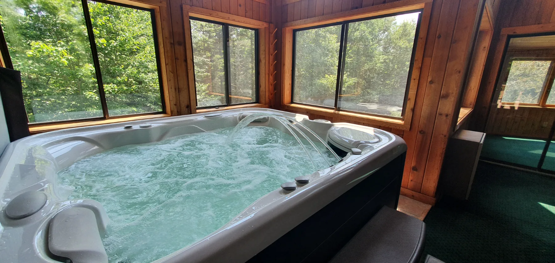 The enclosed hot tub with forest through the windows