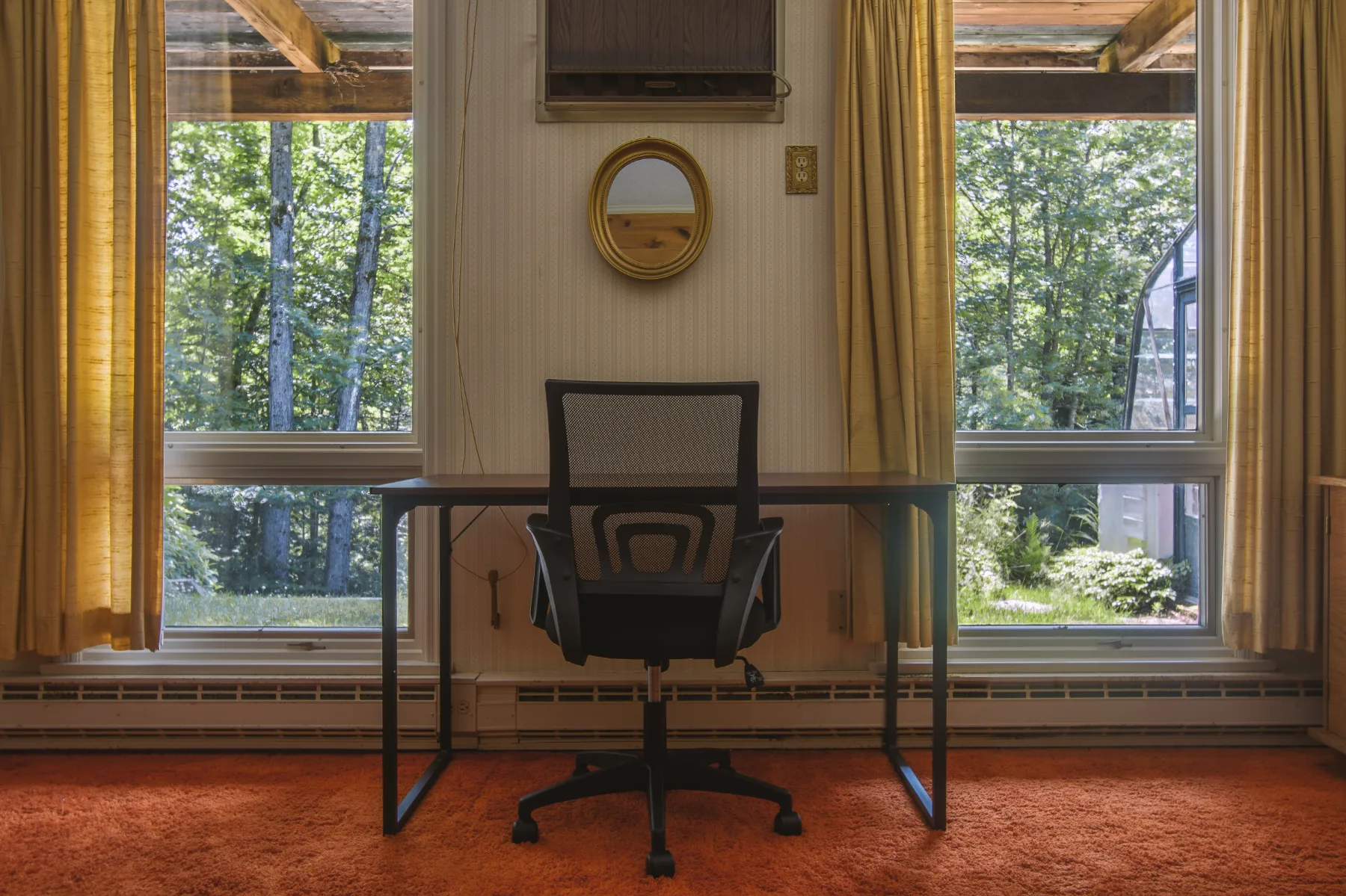A quiet workspace set between forest-facing windows